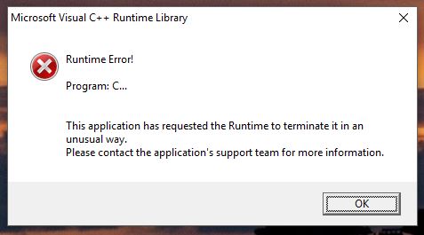 Microsoft Visual C Runtime Library Error Microsoft Community