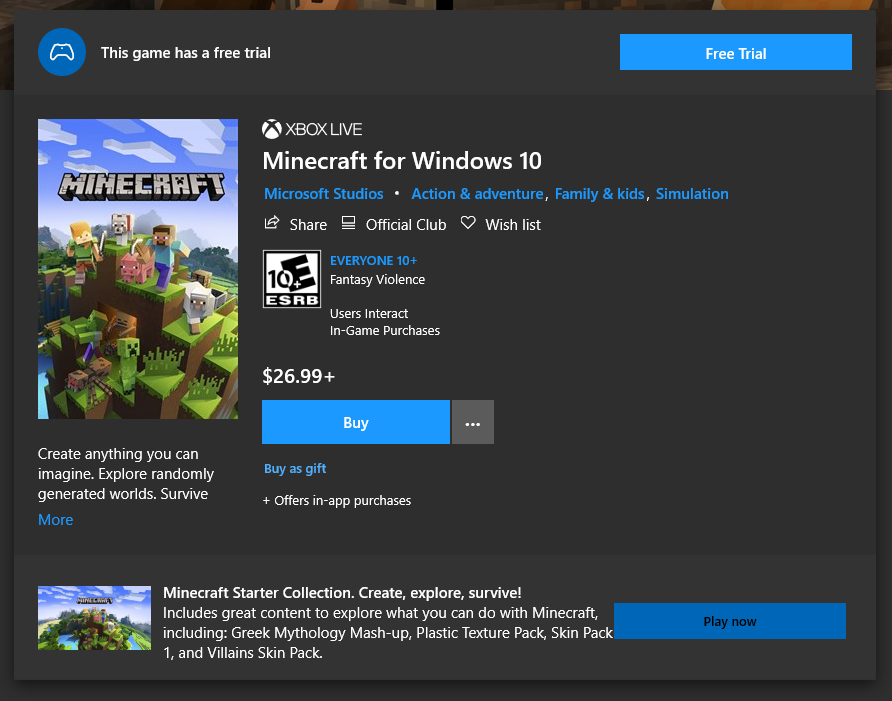 Minecraft For Windows 10 Starter Collection Microsoft Community