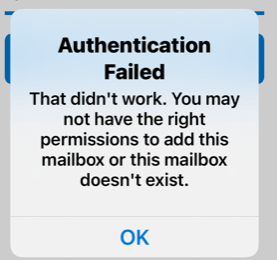 outlook ios add shared mailbox authentication failed