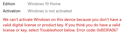 Windows 10 Activation Error 0x803FA067 - Microsoft Community