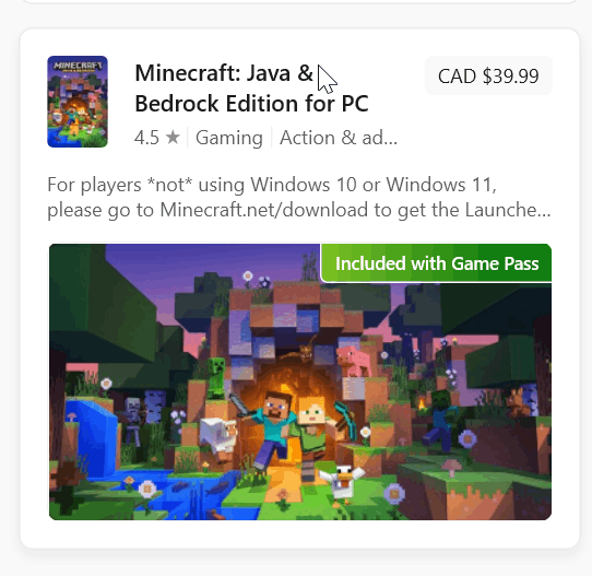 Microsoft gift shop card for minecraft