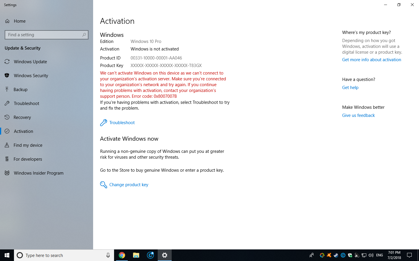 Активация windows core edition. Ошибка активации Windows 10. 0x8007007b при активации Windows.