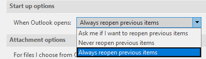 Option to re open previous emails that were open when Outlook was