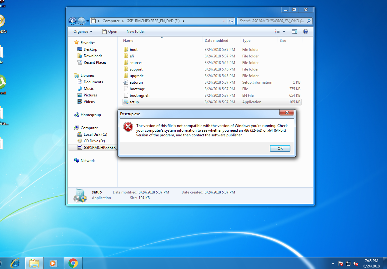 I Can'T Open Setup.Exe Of Windows 7 64-Bit On My Windows 7 32-Bit.