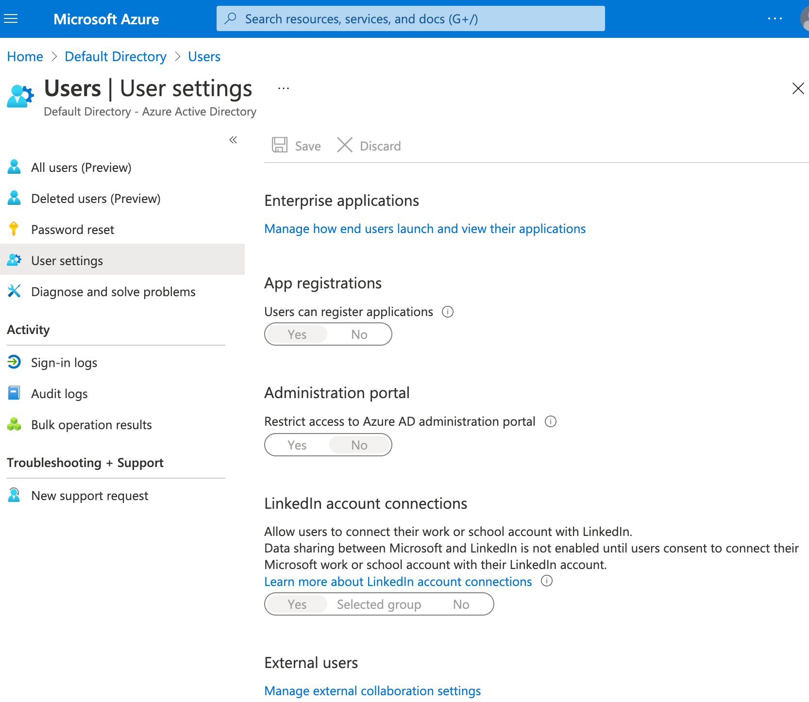 AZ-104 Lab 1 - &ldquo;User Settings&rdquo; when logged in as &ldquo;az104-01a 