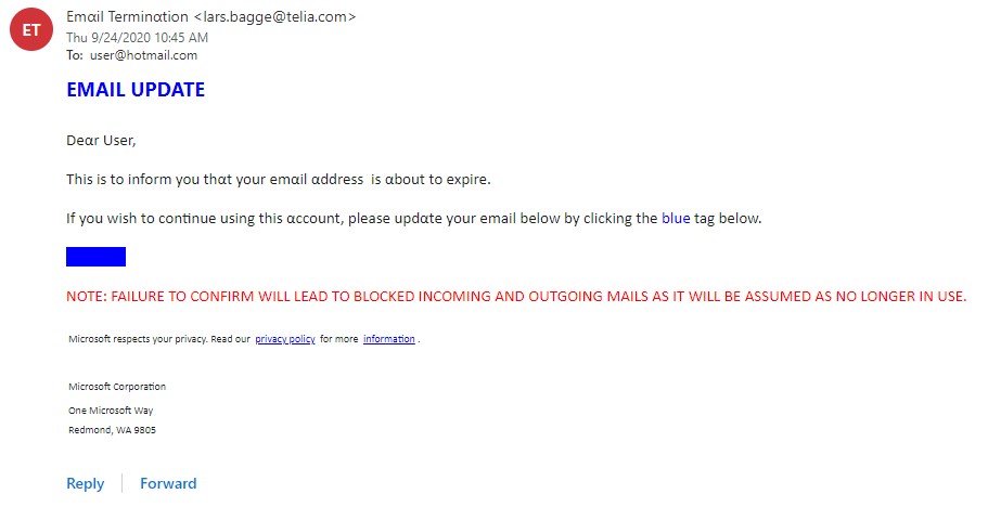 Security Change Spam: Your Hotmail Account Services Has Expired