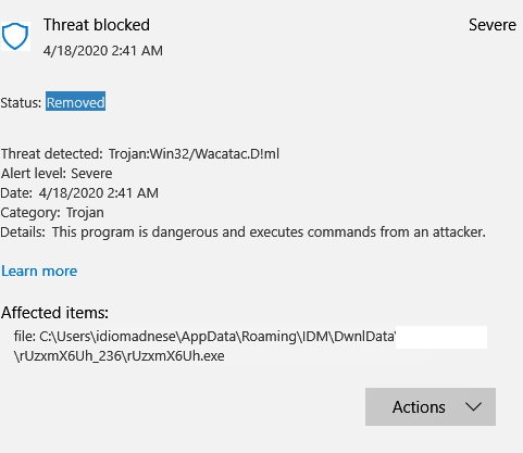 Trojan Win32 Wacatac D Ml Threat Blocked By Windows Microsoft Community