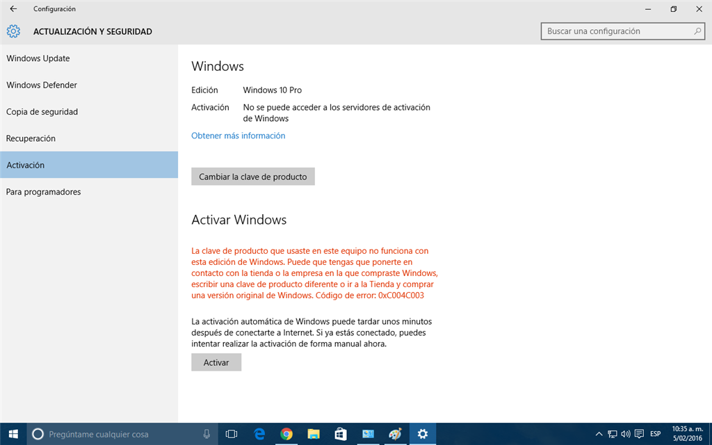 Activacion De Windows 10 Pro Codigo De Error 0xc004c003