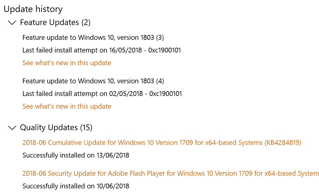 windows update 1803 failed to install