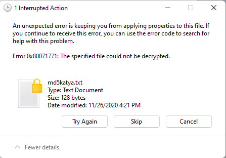 Error 0x80071771 The specified file could not be encrypted 