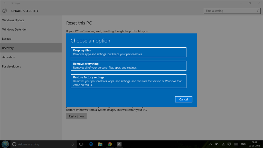 Factory Reset after upgrading to Win 10 - Microsoft Community