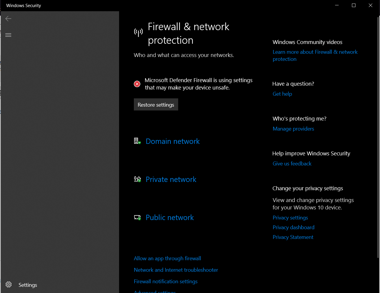 Windows Defender Firewall is using settings that make the device 