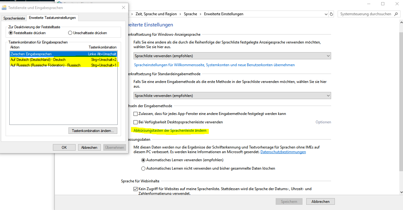 Tastenkombination für Eingabesprachen werden nicht gespeichert.