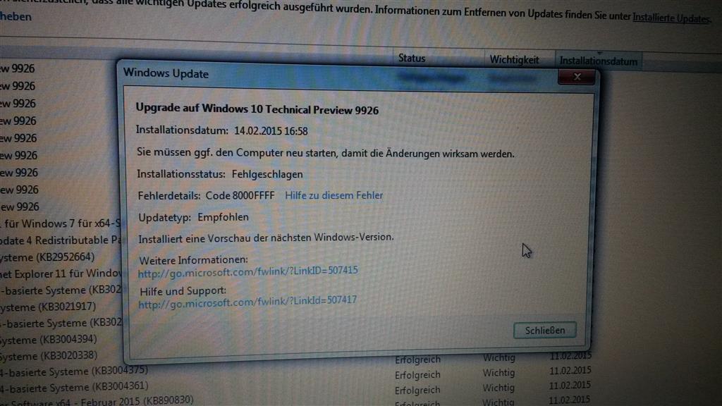 Fehler beim Upgrade auf Build 9926 per Windows Update (GELÖST)