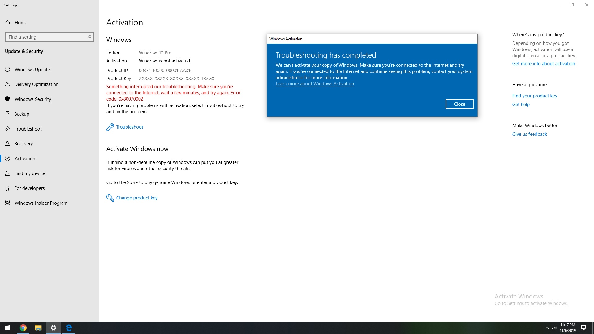 Windows 10 Pro Activation Troubleshooting Error 0x Microsoft Community