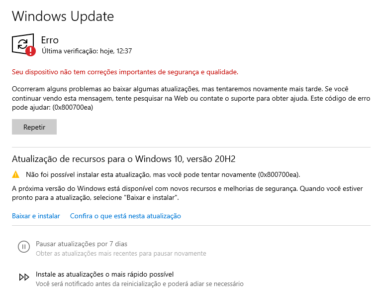Está dando erro para baixar a atualização - Microsoft Community
