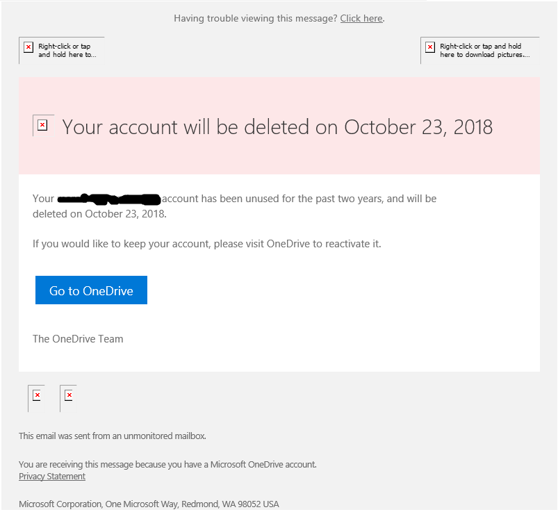 Email received "Your OneDrive account will be deleted on