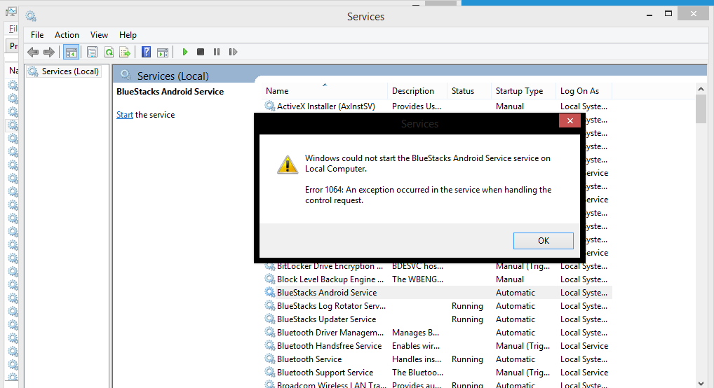 Bluestacks Android Service Error 1064 Microsoft Community