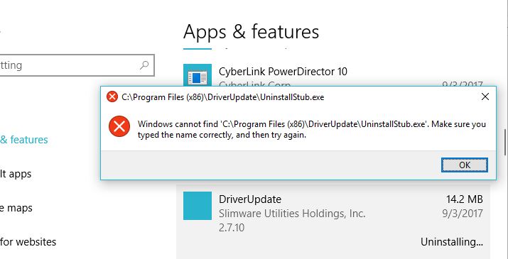 Trying to remove Slimware Utilities program Driver Update. I get this ...
