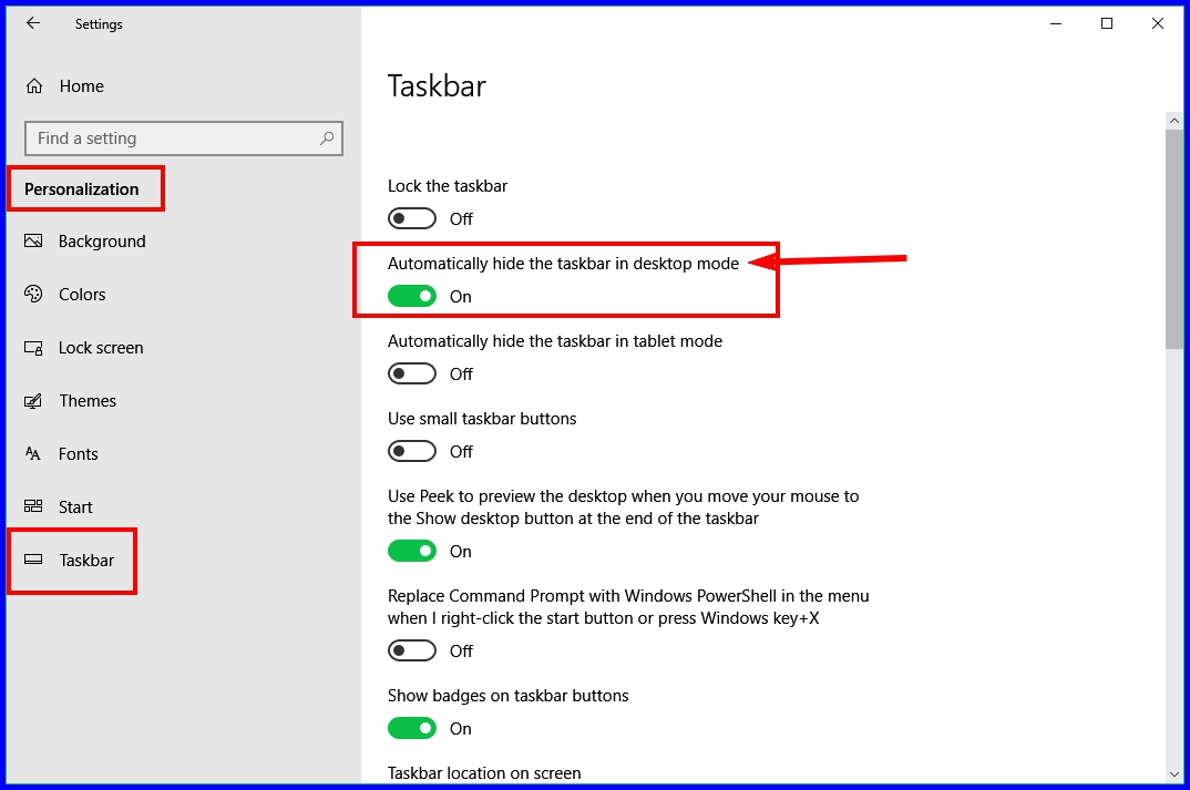 How do i hide the task toolbar at the bottom of the screen in 10 