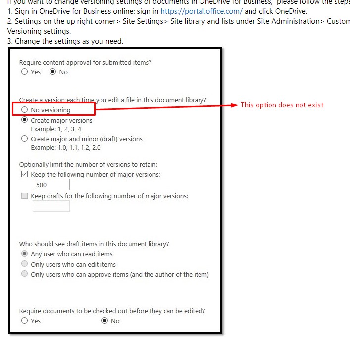 Turn off Onedrive for Business Versioning - Microsoft Community