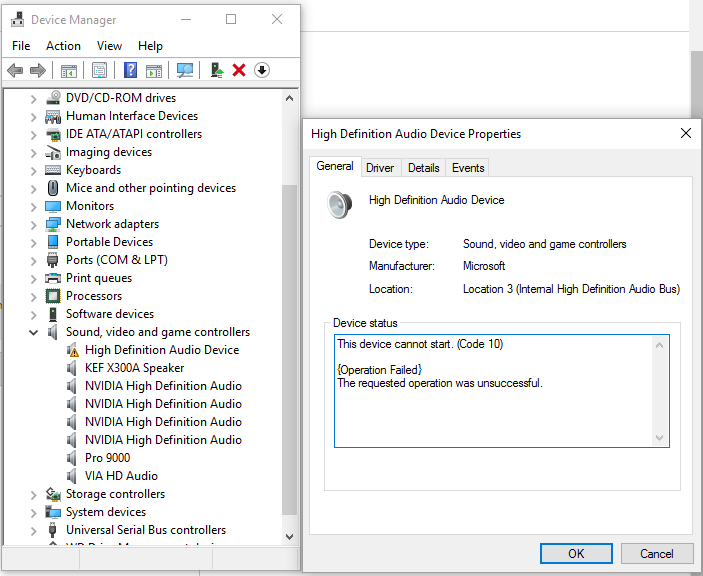 High Definition Audio Controller This Device Cannot Start. (code 10)