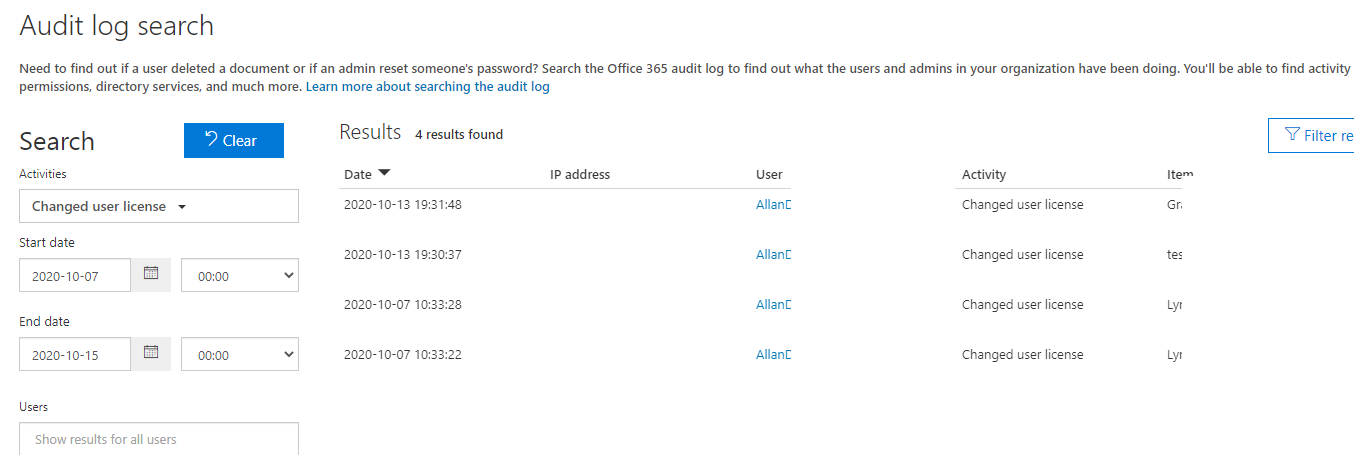 office 365 license assignment logs
