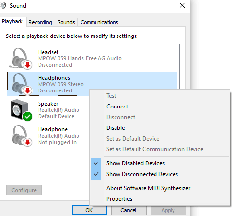 bluetooth headphones connected but not playing audio Microsoft