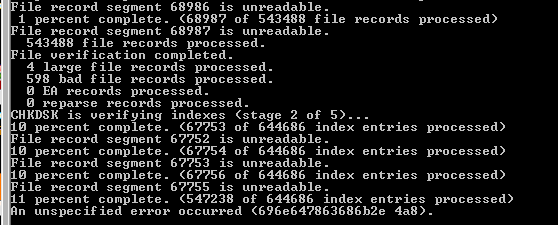 an unspecified error occurred 696e647863686b2e 4a8 during chkdsk 