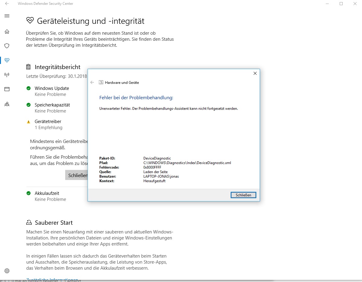 Gerätetreiber funktioniert nicht - Fehler im Defender Security Center