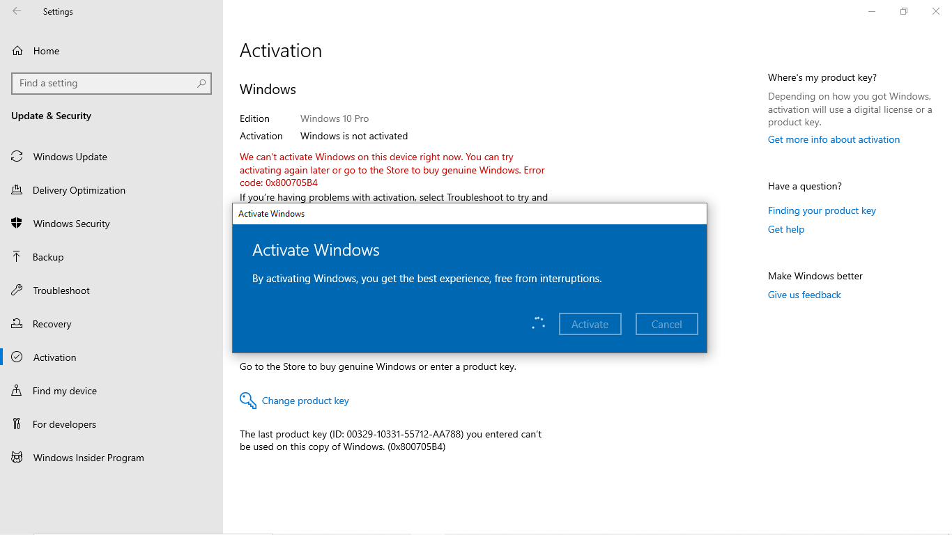 Window 10 Pro Activate Error 0x800705B4 - Microsoft Community