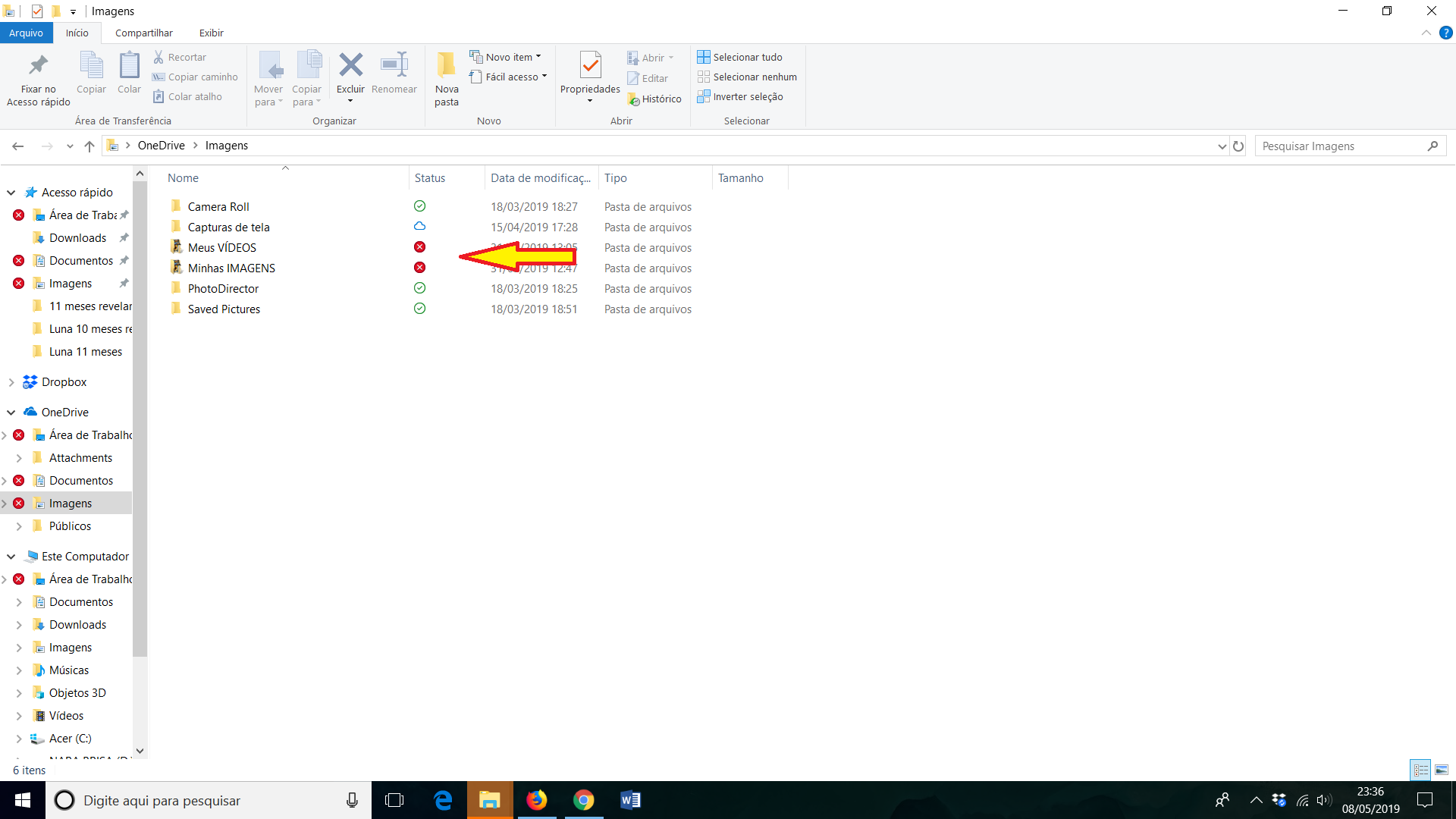 X vermelho em fotos no Windows 10 e falha ao mover arquivos da