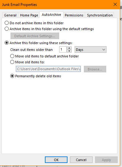 Microsoft Outlook, Autoarchive On Junk Email Folder Not Working 