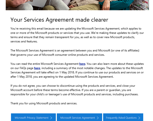 Updates to our terms of use email Microsoft Community