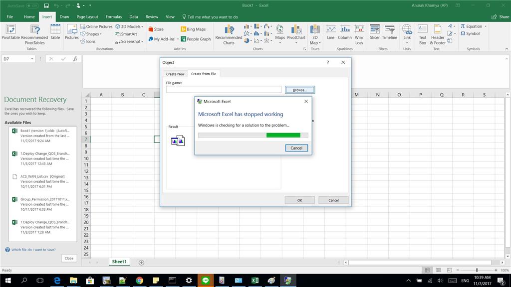 Excel 2016 Crashing 0XC0000005 when insert object and click browse.. -  Microsoft Community