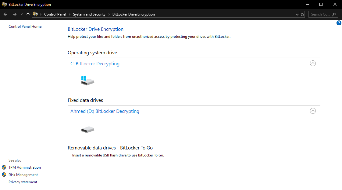 Can't disable bitlocker on windows 10 - Microsoft Community