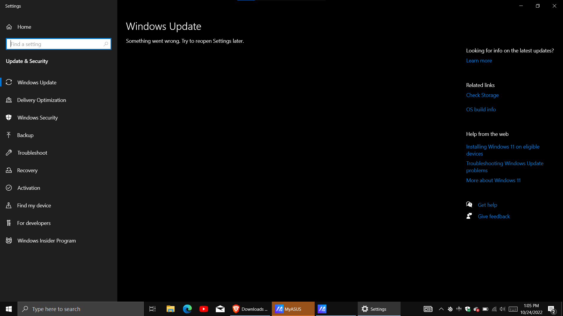 Something went wrong. Try to reopen Settings later. - Microsoft Community