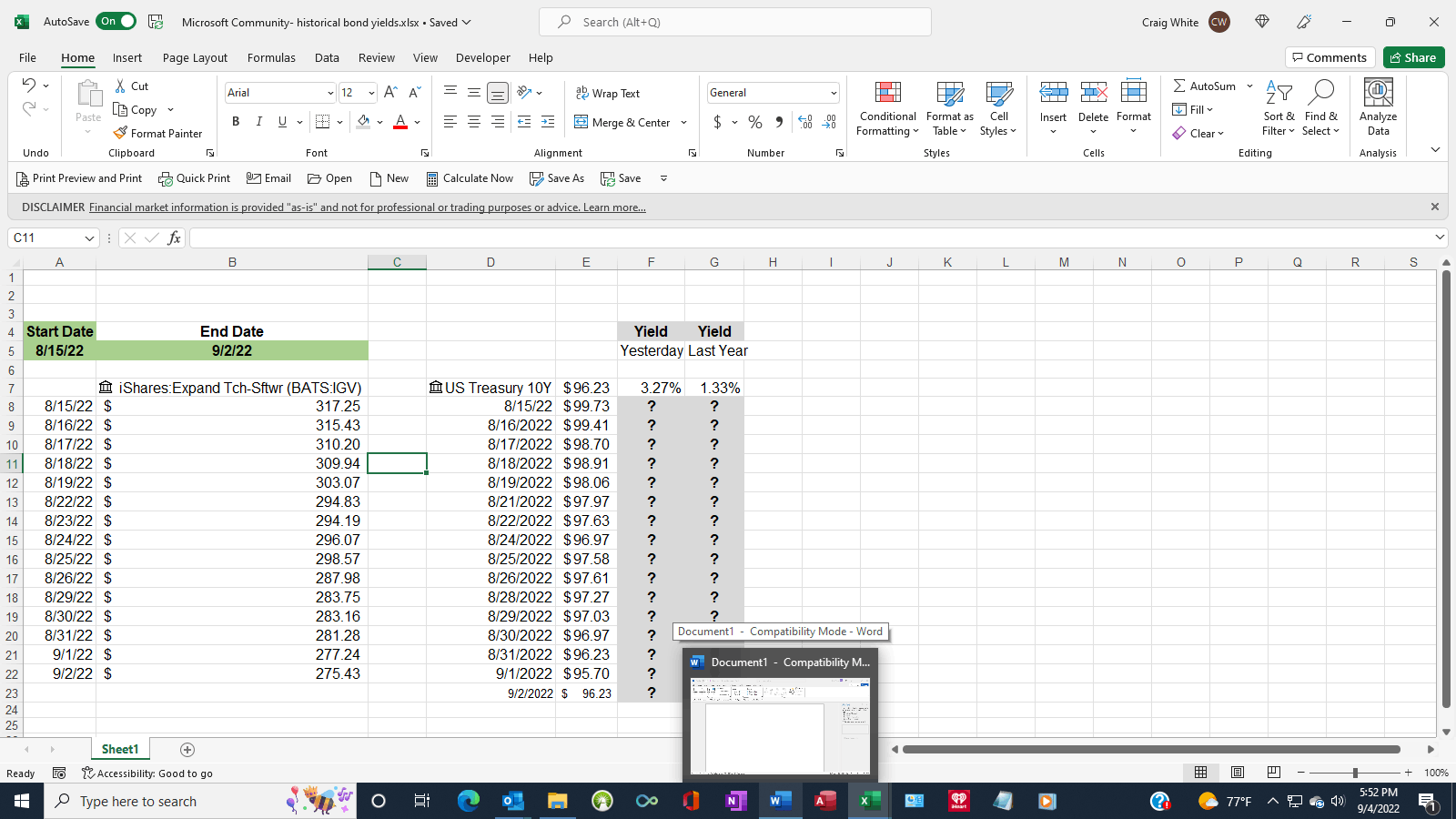 Excel stockhistory function property that will show yesterday's yield ...