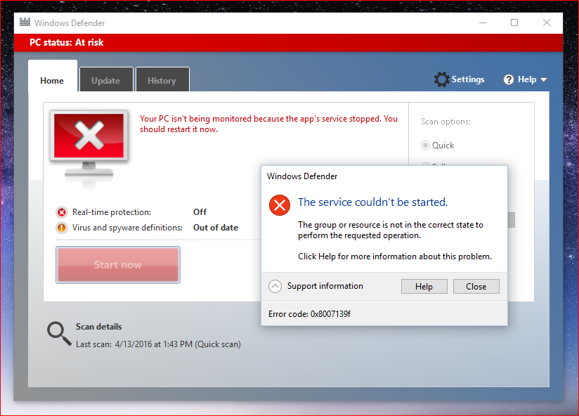 Windows Defender Dosnot Start And Error 0*8007139f Come Up - Microsoft ...