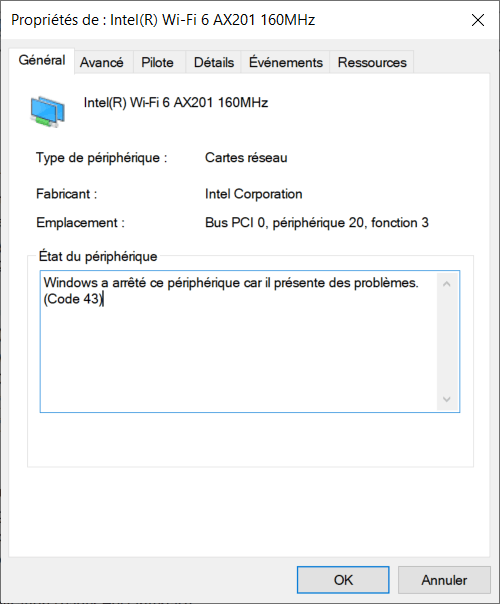 Intel(R) Wi-Fi 6 AX201 160 MHz showing code 10 and code 43 - Microsoft  Community