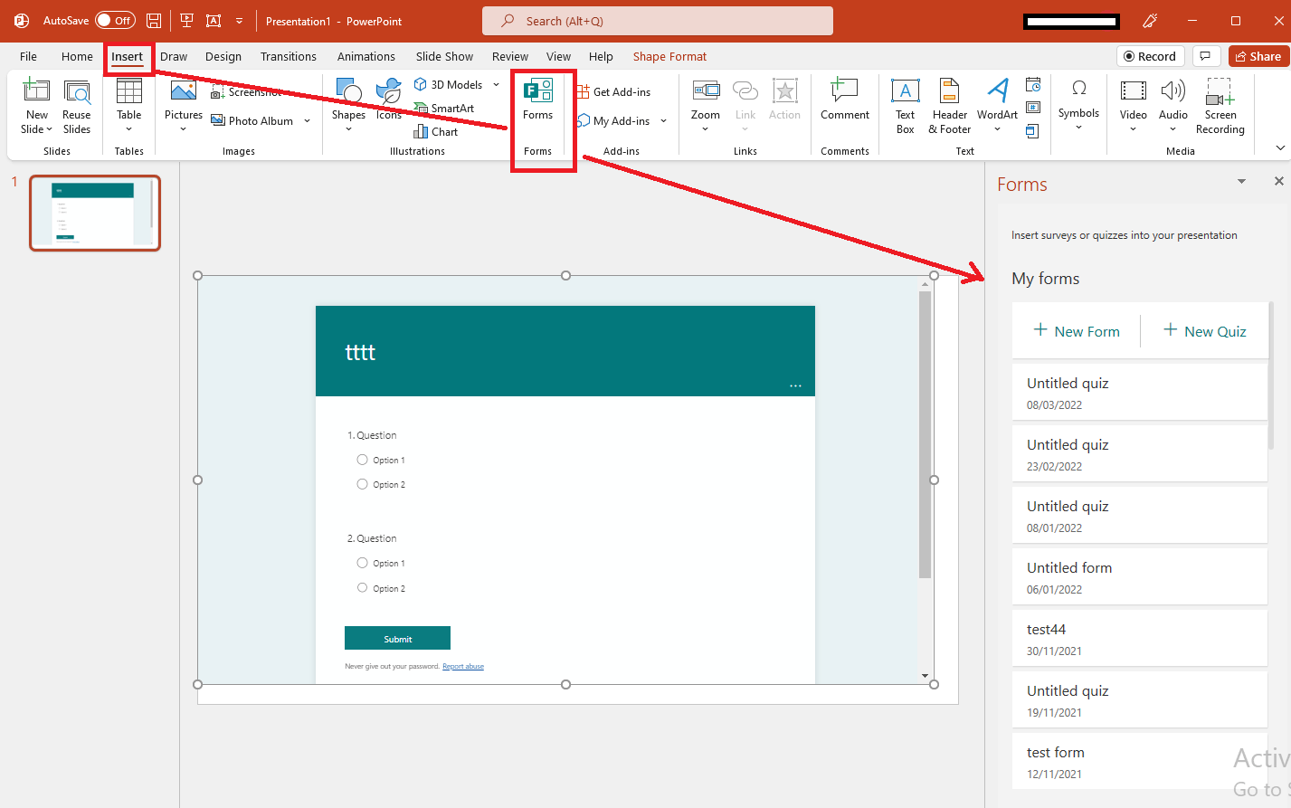 Unable to insert forms into Microsoft PowerPoint using the forms 