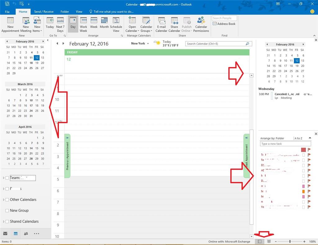 Outlook 2016 Calendar "Classic View" sidebar on the right (screenshot