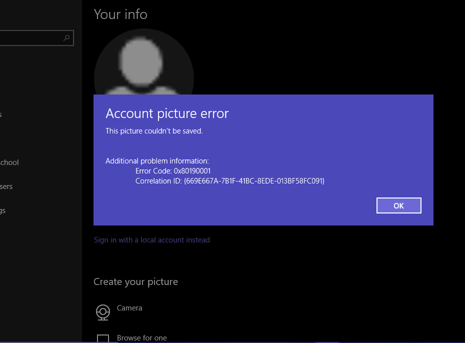 Why can&rsquo;t I create my Microsoft Account Picture in Windows 10 