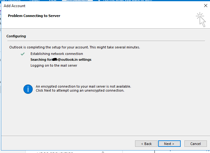 unable to configure outlook 2016 in windows 10