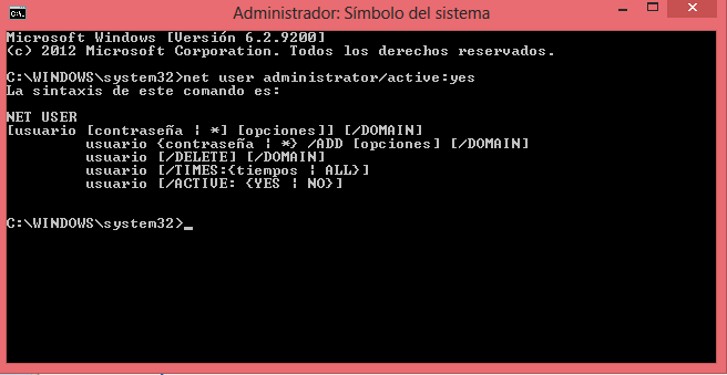 net user administrador active yes