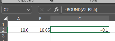 Excel使用公式计算18.6减去18.65，保留一位小数结果是0.0，理论结果 