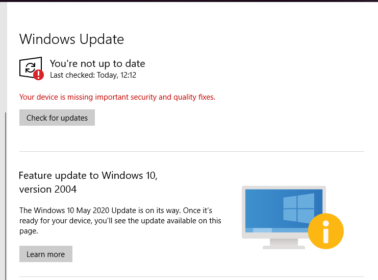Windows Update says "Your device is missing important security and