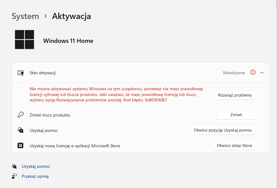 Aktywacja Windows 11 Kluczem Windows 10 0x803fa067 Microsoft Community 8810