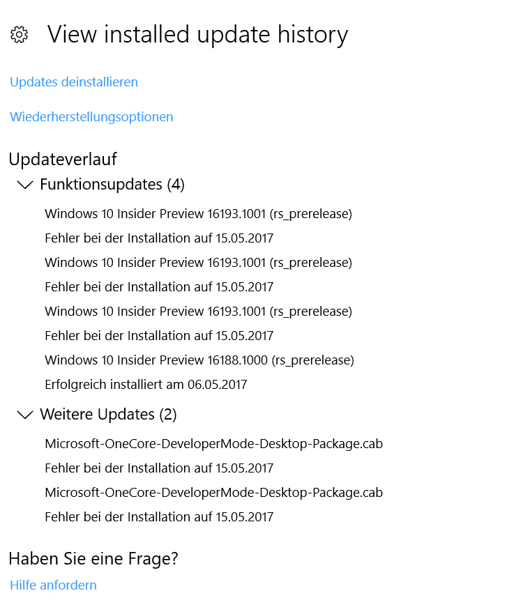 Update bugs nach Windows 10 preview Build 16188