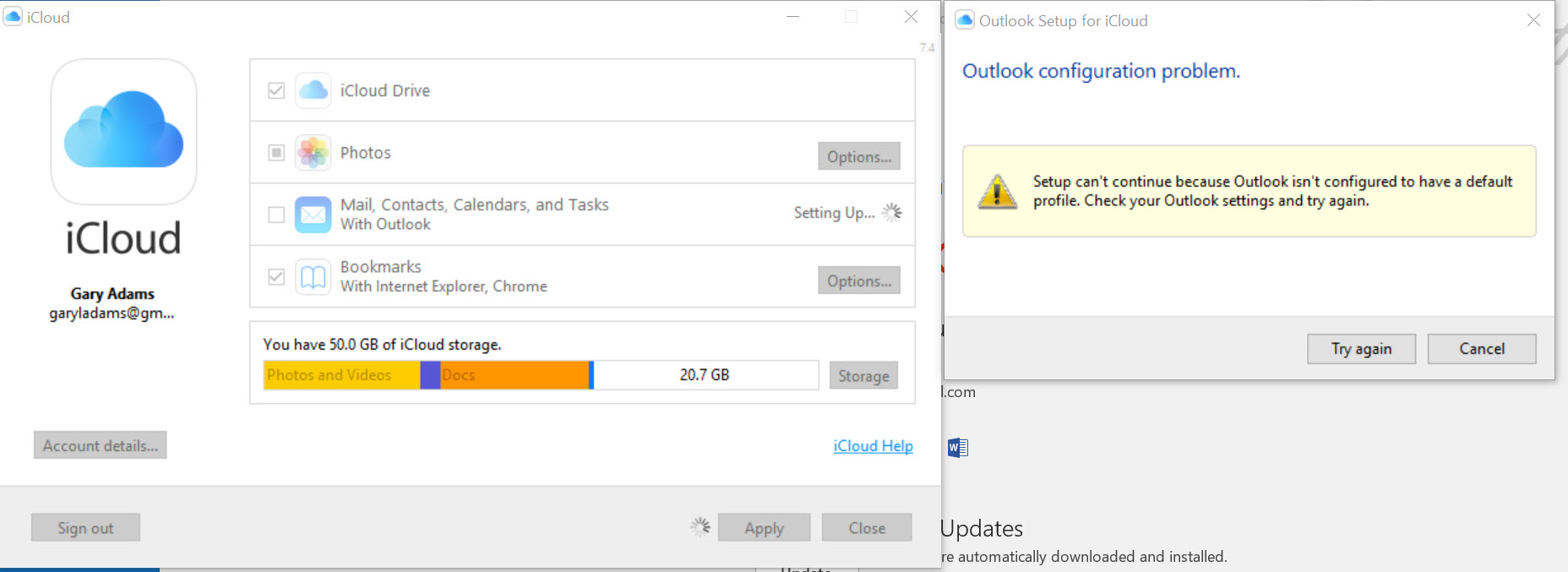 Error When Trying To Setup ICloud For Windows To Sync With Outlook ...